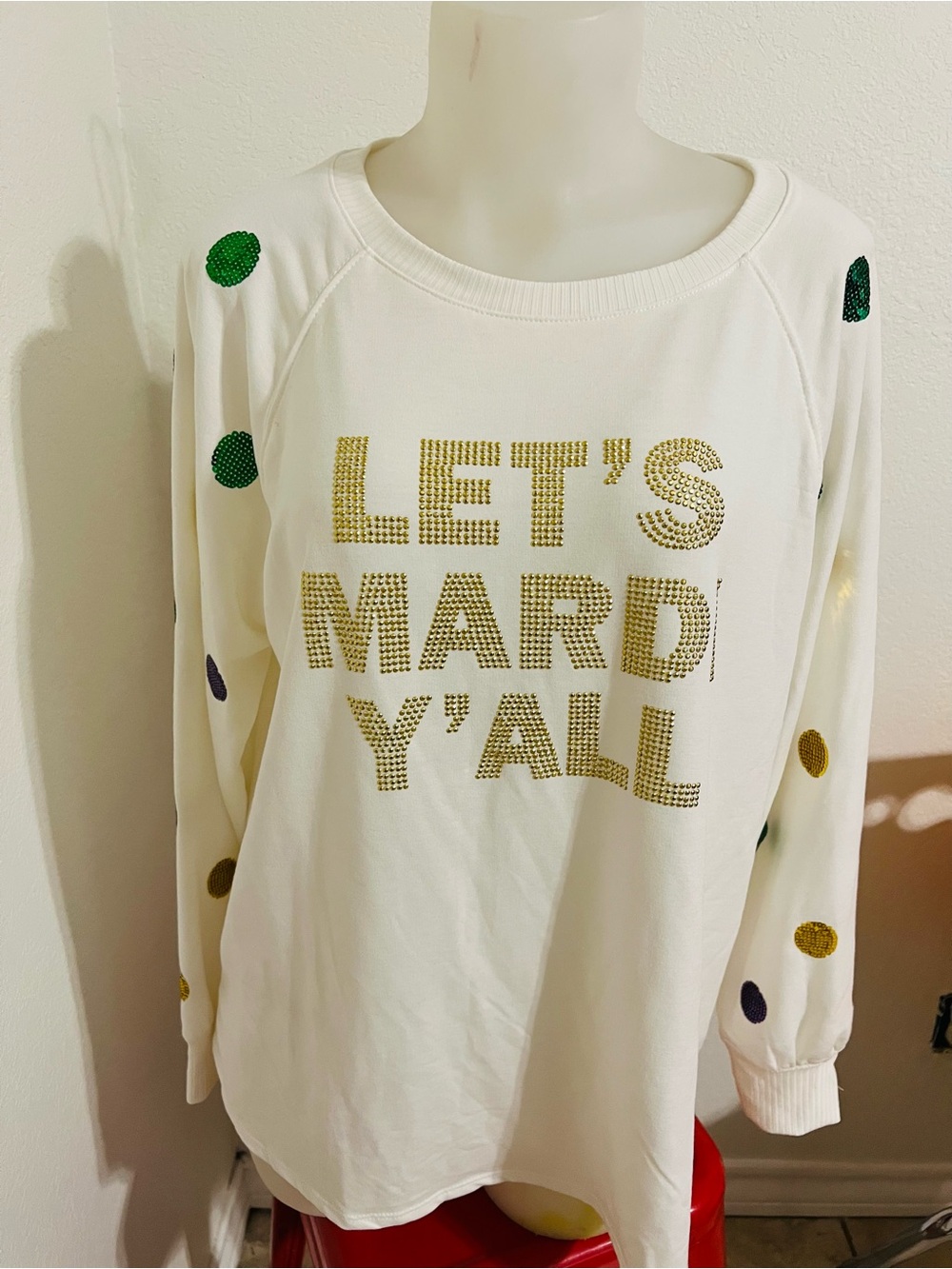 LET'S MARDI Y'ALL Sequin Dot lightweight Sweatshirt - White Cato size large